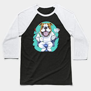 a Dentist English Bulldog wearing a white coat, holding a toothbrush in one paw and a dental mirror Baseball T-Shirt